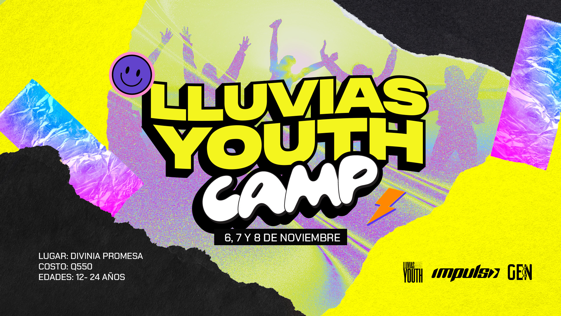 Afiche de Lluvias Youth Camp: del 6 al 8 de noviembre en Divinia Promesa